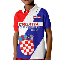Kids red, white and blue polo shirt with button collar and Croatia crest graphic