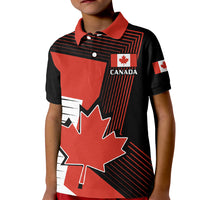 Kids polo shirt in red and black with Canada text and maple leaf graphic