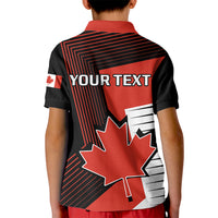 Kids polo shirt back view, red and black with maple leaf and 'YOUR TEXT'