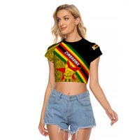 Cropped black raglan T-shirt with Zimbabwe flag-style front graphic and geometric pattern