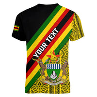 Personalised Zimbabwe Women V Neck T Shirt African Pattern With Flag Style - Wonder Print Shop