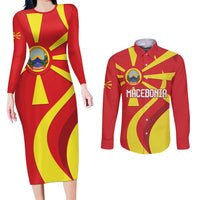 Macedonia National Day Couples Matching Long Sleeve Bodycon Dress and Long Sleeve Button Shirt Makedonija Flag Curves Style
