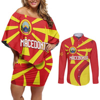 Macedonia National Day Couples Matching Off Shoulder Short Dress and Long Sleeve Button Shirt Makedonija Flag Curves Style
