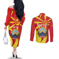 Macedonia National Day Couples Matching Off The Shoulder Long Sleeve Dress and Long Sleeve Button Shirt Makedonija Flag Curves Style