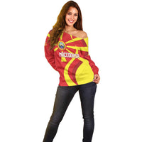 Macedonia National Day Off Shoulder Sweater Makedonija Flag Curves Style