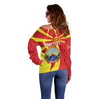 Macedonia National Day Off Shoulder Sweater Makedonija Flag Curves Style