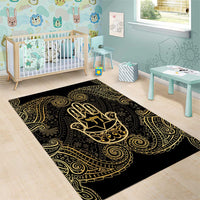 Jewish Hamsa Chai Area Rug Gold Paisley Pattern