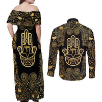 Jewish Hamsa Chai Couples Matching Off Shoulder Maxi Dress and Long Sleeve Button Shirt Gold Paisley Pattern