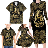 Jewish Hamsa Chai Family Matching Long Sleeve Bodycon Dress and Hawaiian Shirt Gold Paisley Pattern