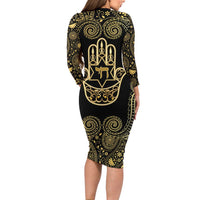 Jewish Hamsa Chai Family Matching Long Sleeve Bodycon Dress and Hawaiian Shirt Gold Paisley Pattern