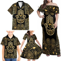 Jewish Hamsa Chai Family Matching Off Shoulder Maxi Dress and Hawaiian Shirt Gold Paisley Pattern