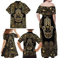 Jewish Hamsa Chai Family Matching Off Shoulder Maxi Dress and Hawaiian Shirt Gold Paisley Pattern