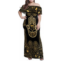 Jewish Hamsa Chai Family Matching Off Shoulder Maxi Dress and Hawaiian Shirt Gold Paisley Pattern