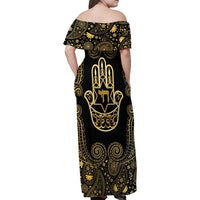 Jewish Hamsa Chai Family Matching Off Shoulder Maxi Dress and Hawaiian Shirt Gold Paisley Pattern