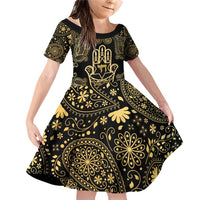 Jewish Hamsa Chai Family Matching Off Shoulder Short Dress and Hawaiian Shirt Gold Paisley Pattern