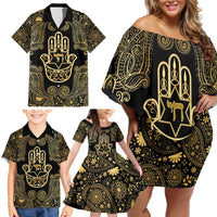 Jewish Hamsa Chai Family Matching Off Shoulder Short Dress and Hawaiian Shirt Gold Paisley Pattern