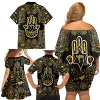 Jewish Hamsa Chai Family Matching Off Shoulder Short Dress and Hawaiian Shirt Gold Paisley Pattern