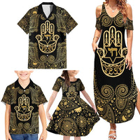 Jewish Hamsa Chai Family Matching Summer Maxi Dress and Hawaiian Shirt Gold Paisley Pattern