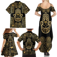 Jewish Hamsa Chai Family Matching Summer Maxi Dress and Hawaiian Shirt Gold Paisley Pattern