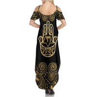 Jewish Hamsa Chai Family Matching Summer Maxi Dress and Hawaiian Shirt Gold Paisley Pattern