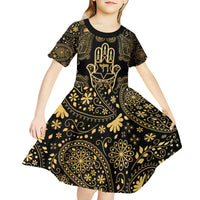 Jewish Hamsa Chai Kid Short Sleeve Dress Gold Paisley Pattern