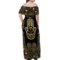 Jewish Hamsa Chai Off Shoulder Maxi Dress Gold Paisley Pattern