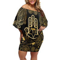 Jewish Hamsa Chai Off Shoulder Short Dress Gold Paisley Pattern