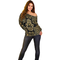 Jewish Hamsa Chai Off Shoulder Sweater Gold Paisley Pattern