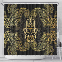 Jewish Hamsa Chai Shower Curtain Gold Paisley Pattern