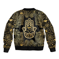 Jewish Hamsa Chai Sleeve Zip Bomber Jacket Gold Paisley Pattern