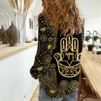 Jewish Hamsa Chai Women Casual Shirt Gold Paisley Pattern