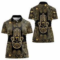 Jewish Hamsa Chai Women Polo Shirt Gold Paisley Pattern