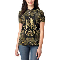 Jewish Hamsa Chai Women Polo Shirt Gold Paisley Pattern