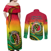 Vanuatu Couples Matching Off Shoulder Maxi Dress and Long Sleeve Button Shirts Yumi 43 Hapi Independens Dei - Wonder Print Shop