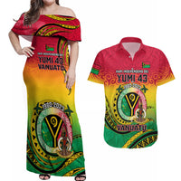 Personalised Vanuatu Couples Matching Off Shoulder Maxi Dress and Hawaiian Shirt Yumi 43 Hapi Independens Dei - Wonder Print Shop
