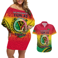 Personalised Vanuatu Couples Matching Off Shoulder Short Dress and Hawaiian Shirt Yumi 43 Hapi Independens Dei - Wonder Print Shop