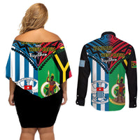 Vanuatu And West Papua Couples Matching Off Shoulder Short Dress and Long Sleeve Button Shirts Coat Of Arms Mix Flag Style - Wonder Print Shop