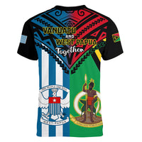 Vanuatu And West Papua Women V Neck T Shirt Coat Of Arms Mix Flag Style - Wonder Print Shop