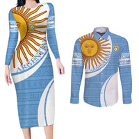 Custom Argentina Football Couples Matching Long Sleeve Bodycon Dress and Long Sleeve Button Shirt Vamos La Albiceleste - Sky Blue Version - Wonder Print Shop