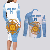 Custom Argentina Football Couples Matching Long Sleeve Bodycon Dress and Long Sleeve Button Shirt Vamos La Albiceleste - Sky Blue Version - Wonder Print Shop