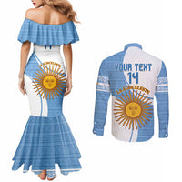 Custom Argentina Football Couples Matching Mermaid Dress and Long Sleeve Button Shirt Vamos La Albiceleste - Sky Blue Version
