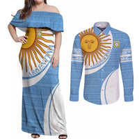Custom Argentina Football Couples Matching Off Shoulder Maxi Dress and Long Sleeve Button Shirt Vamos La Albiceleste - Sky Blue Version - Wonder Print Shop