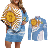 Custom Argentina Football Couples Matching Off Shoulder Short Dress and Long Sleeve Button Shirt Vamos La Albiceleste - Sky Blue Version - Wonder Print Shop