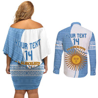 Custom Argentina Football Couples Matching Off Shoulder Short Dress and Long Sleeve Button Shirt Vamos La Albiceleste - Sky Blue Version - Wonder Print Shop