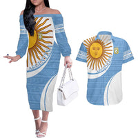 Custom Argentina Football Couples Matching Off The Shoulder Long Sleeve Dress and Hawaiian Shirt Vamos La Albiceleste - Sky Blue Version - Wonder Print Shop