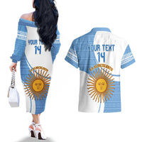 Custom Argentina Football Couples Matching Off The Shoulder Long Sleeve Dress and Hawaiian Shirt Vamos La Albiceleste - Sky Blue Version - Wonder Print Shop