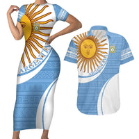 Custom Argentina Football Couples Matching Short Sleeve Bodycon Dress and Hawaiian Shirt Vamos La Albiceleste - Sky Blue Version - Wonder Print Shop