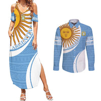 Custom Argentina Football Couples Matching Summer Maxi Dress and Long Sleeve Button Shirt Vamos La Albiceleste - Sky Blue Version - Wonder Print Shop