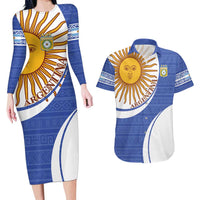 Custom Argentina Football Couples Matching Long Sleeve Bodycon Dress and Hawaiian Shirt Vamos La Albiceleste - Navy Blue Version - Wonder Print Shop