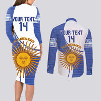 Custom Argentina Football Couples Matching Long Sleeve Bodycon Dress and Long Sleeve Button Shirt Vamos La Albiceleste - Navy Blue Version - Wonder Print Shop